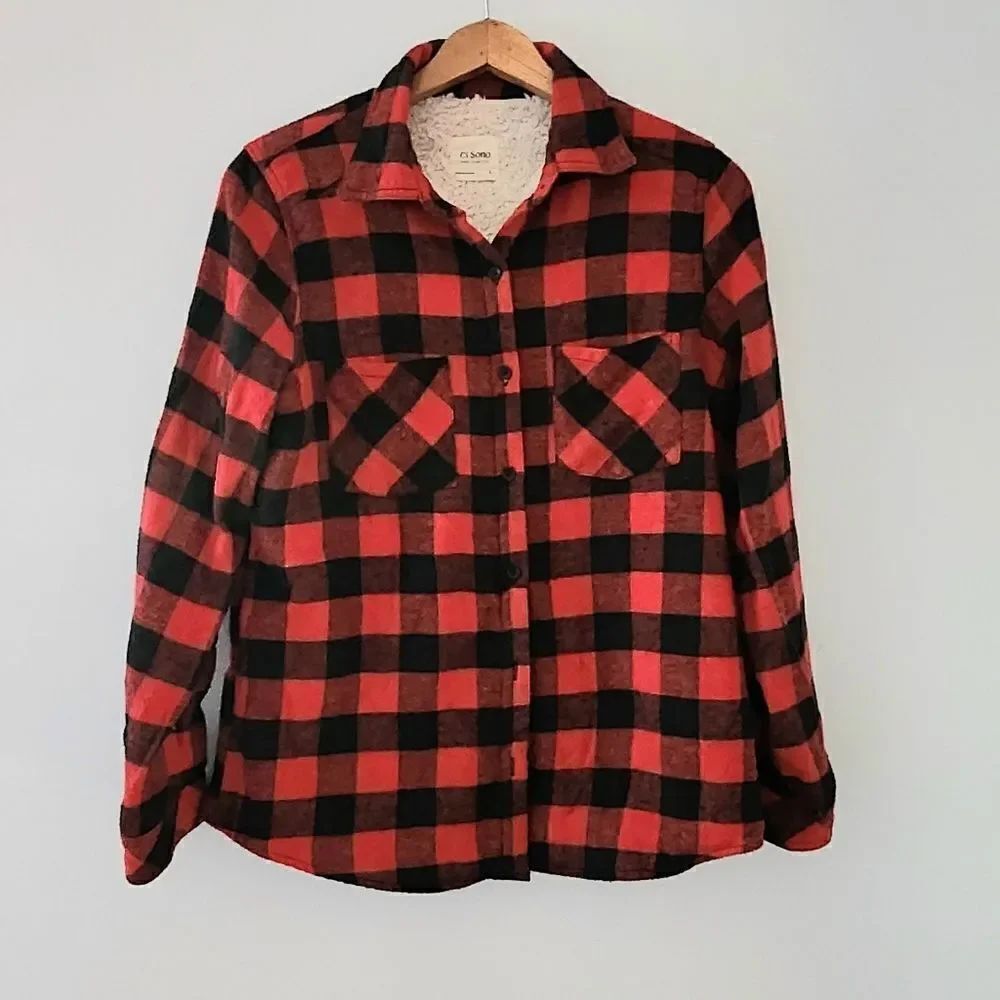 Ci Sono buffalo check red andâblack sherpa lined shacket women'sâlarge